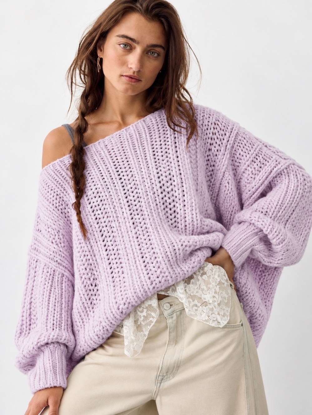 Free People Lavender Chunky Knit Off Shoulder Oversized Sweater Medium